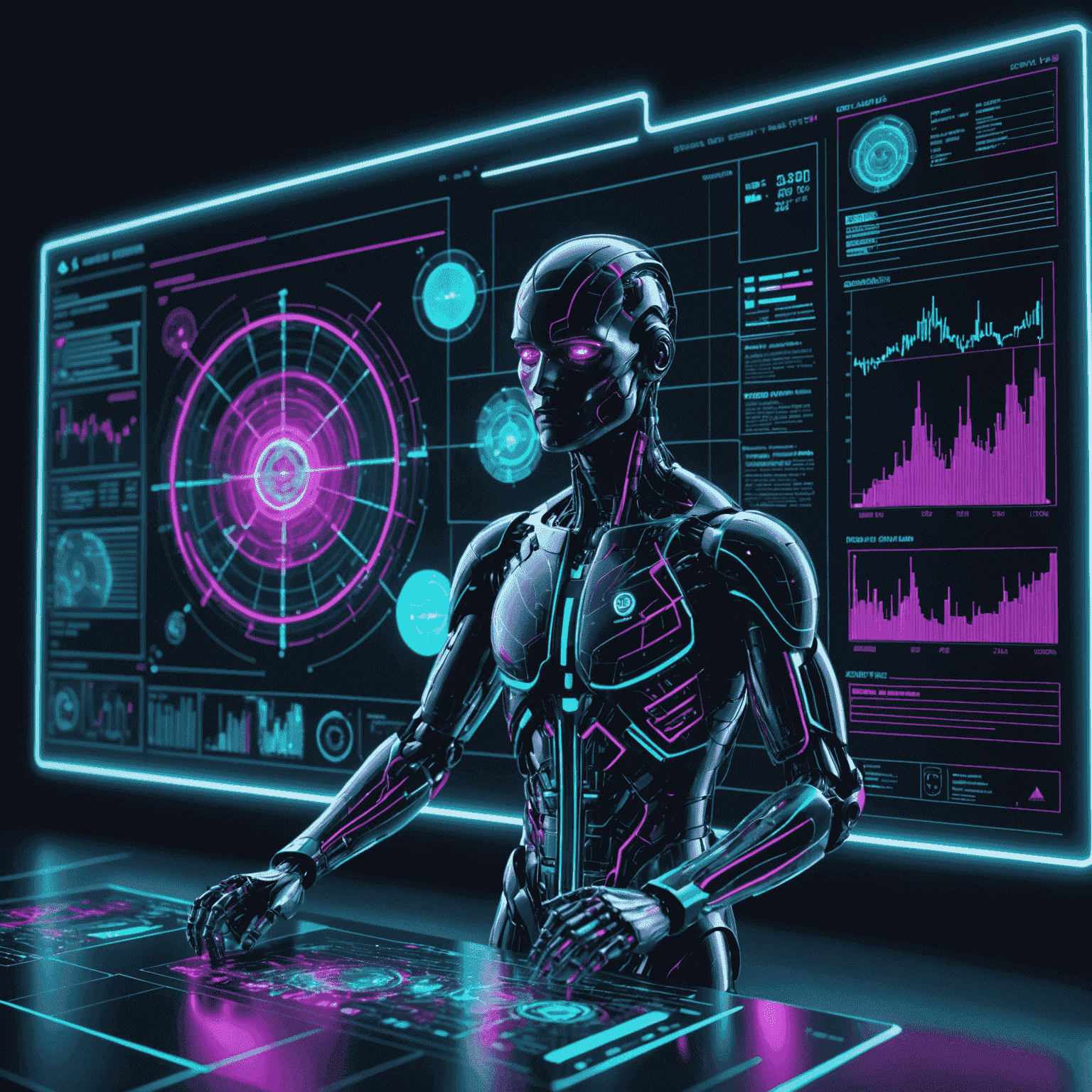 Wizualizacja zaawansowanego algorytmu AI rozwiązującego złożone problemy, z holograficznymi wyświetlaczami pokazującymi dane i wykresy w neonowych kolorach cyan i magenta