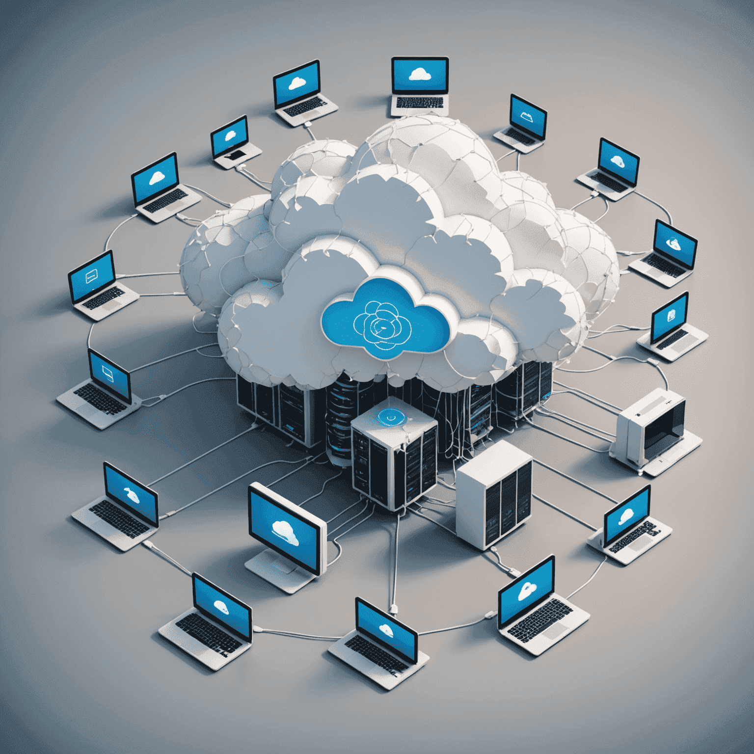 Ilustracja chmury z ikonami serwerów i urządzeń połączonych siecią, reprezentująca cloud computing